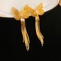 Close-up of golden hollow butterfly earrings with long tassels and sparkling zircon stone - Hollow Butterfly Tassel Inlaid Zircon (19#)