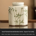 Mini cream ceramic tea canister with bamboo painting and 300ml airtight square lid - Straw Ash Hand Painted Green Bamboo - Square Jar