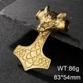 Golden Mjolnir pendant with wolf head and intricate knotwork on textured slate base - Gold Wolf Head Thor's Hammer Style (KP83342-BDJX)
