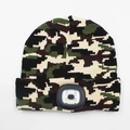 Jungle camouflage knitted beanie hat with integrated LED light module on the front - 4-LED Style / Camouflage
