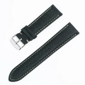 Detail shot of a dark green leather watch strap with beige stitching and silver buckle - Green