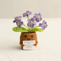 Handmade crochet purple flower plant in brown pot with positive emotional support card - Forget-Me-Not Purple
