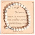 Pink zebra natural stone beaded bracelet with polished silver heart charm on card - Map Stone With Card Style