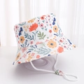White kids bucket hat with floral butterfly print and adjustable chin drawstring strap - Multicolor Flower