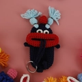 Handmade crochet sausage mouth key case in dark blue yarn with funny red lips - Navy Style