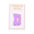 Macro detail of purple chenille letter D patch with gold sequins and adhesive backing - Letter D / Purple