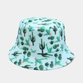 Detail of light blue bucket hat with cactus patterns and pink flowers in macro view - M (56-58cm) / Small Cactus Light Blue