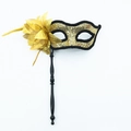 Golden sequin handheld masquerade mask with side flower and feathers for party events - With Handle / Gold