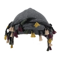 Dark grey turban cap with colorful fringe detail and satin lining for hair protection - Dark Grey with Colorful Fringe