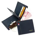Cartera bifold para hombre en azul oscuro esmerilado con costuras amarillas - Versión con Bolsillo para Monedas / Azul Marino