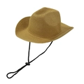 Classic woven western cowboy straw hat with adjustable black chin strap on white background - Khaki