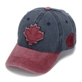 Washed navy and burgundy baseball cap with frayed red maple leaf embroidery detail - Navy Wine Red Contrast (#5)