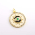 Golden evil eye sun pendant with green enamel and white zircon stones in micro-pave setting - Evil Eye Round Zircon Pendant
