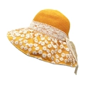 Detail of yellow straw sun hat with white daisy embroidery and lace ribbon ties - M (56-58cm) / Yellow