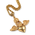 Gold plated stainless steel heart pendant necklace with crown and wing motifs - Gold Crown Wing Heart Pendant + 3mm 24inch Rope Chain