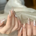 Detail of long almond press-on nails with butterfly charms and square crystal accents - Graceful and Slim Style (BY1633) / Handmade Nails (Size M/10 Pieces)