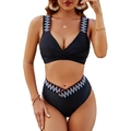 Two-piece black bikini set with V-shaped geometric embroidery and high waist cut - S / Black