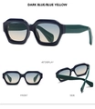 Detailansicht der geometrischen Polygon-Sonnenbrille mit blau-gelben Verlaufsgläsern - Dunkelblau Rahmen Blau Gelb Farbverlauf Linse