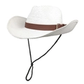 White straw cowboy hat with a brown leather belt buckle and adjustable windproof cord - M(56-58cm) / Pure White