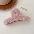Pink plush hair claw clip with pearl embellishments on a clean white table - Korean Pink Faux Rabbit Fur Pearl Claw Clip