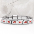 Detailed close-up of 9mm stainless steel Italian charm bracelet with red enamel double hearts - Arrow Double Heart-Red (18 Links)