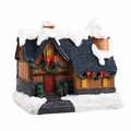 Christmas resin cottage with blue roof, snowy textures and festive green garland - Medium H-Deep Blue Roof Log Cabin