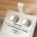 Elegant pearl white square stud earrings with soft luster and French minimalist design - White (Silver Earring Post)