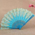 Chinese style folding fan in blue fabric with gold floral embroidery and sequins - Standard Type / Sky Blue