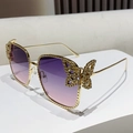 Golden metal butterfly sunglasses with purple gradient lenses and sparkling rhinestones - Grey Pink
