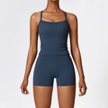 Ensemble de yoga brossé bleu pierre foncé avec caraco et short de sport taille haute - S / Haut Et Bas / Bleu Marine