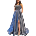 Sparkly dark blue evening dress with thin straps, high slit and shimmering sequins - Lake Blue