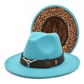 Light blue fedora with leather band, silver bull head ornament and leopard print brim - M (56-58cm) / Lake Blue