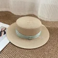 Flat top straw boater hat with a light green satin ribbon band for summer vacations - M / Beige with Lime Green Bow
