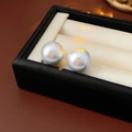 Elegant round silver white pearl stud earrings presented in a luxury black jewelry box - 16mm / Blue (Silver White)