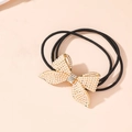 Élastique à cheveux noir élégant avec nœud doré orné de perles blanches et strass - Grand Papillon Perle
