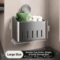 Gray metal storage basket with suction cup for ginger and garlic kitchen organization - Large Suction Hanging Basket / Gunmetal