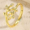 Adjustable golden leaf ring featuring sparkling zircon accents and a French vintage design - Leaf Zircon Style
