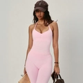 Pink ribbed halter neck bodysuit for women in a sleek slim-fit yoga style design - S / Pink