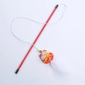 Cat teaser stick with red lucky cat plush, golden bell and fluffy white feathers - Fortune Cat