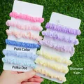 Polka dot and solid pastel scrunchie set in pearl yarn fabric on display card - 12Pcs Purple Blue Pink Yellow