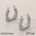 Silver C-shape stainless steel stud earrings with white diamond inlay on beige background - Style A Silver (KE115261-KFC)