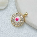 Gold-plated eye pendant featuring white disc with pink eye motif and clear zircon border - D3541JH Pendant 9