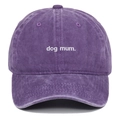 Detail of embroidered 'dog mum' text on a vintage purple washed cotton baseball cap - Adjustable / Purple