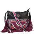 Bohemian black leather fringe crossbody bag with ethnic fabric and sunflower buckle - Burgundy