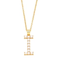 Detailed view of golden letter I pendant with white faux pearls on a white background - Letter I
