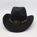 Detail of western cowboy hat featuring leather band and bronze bull head metal emblem - One Size / Black