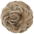 Messy bun hair piece in mixed brown and blonde synthetic fiber colors on white background - Beige Multi