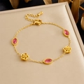 Gold-plated floral bracelet with pink marquise stones and delicate 3D rose charms - Pink Marquise Stone Rose Style (B1767)
