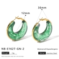 Detailed spec sheet showing 36mm green resin C-shape earrings in stainless steel - Light Green Marble (NB-E1627-GN-2)