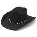 Classic black faux suede cowboy hat featuring a bohemian shell and wood bead band - M (56-57cm) / Black